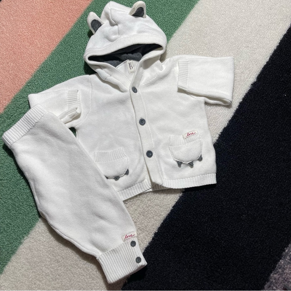 🐻 9M ED Ellen Degeneres White Chunky Knit Sweater Pants Bear Ears Hoodie Set